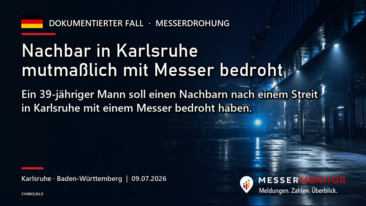 Titelgrafik: Nachbar in Karlsruhe mutmaßlich mit Messer bedroht. Ein 39-jähriger Mann soll einen Nachbarn nach einem Streit in Karlsruhe mit einem Messer bedroht haben..
