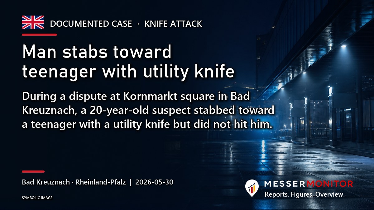 Title image: Man stabs toward teenager with utility knife. During a dispute at Kornmarkt square in Bad Kreuznach, a 20-year-old suspect stabbed toward a teenager with a utility knife but did not hit him..