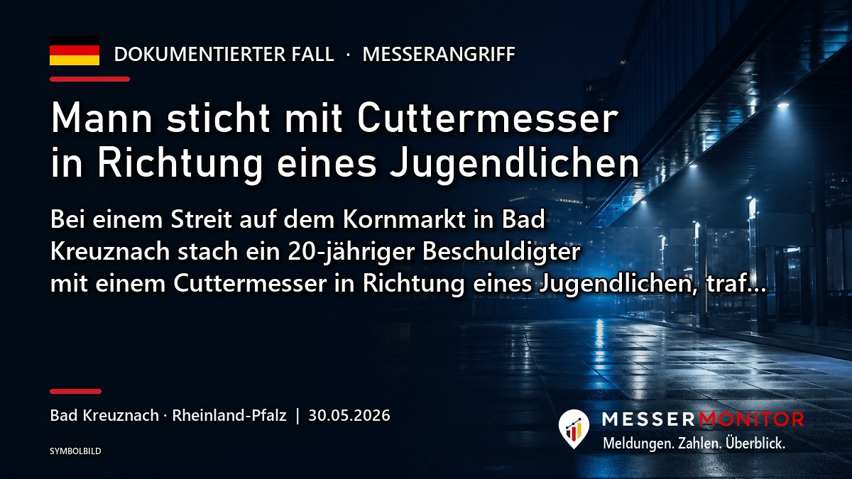 Titelgrafik: Mann sticht mit Cuttermesser in Richtung eines Jugendlichen. Bei einem Streit auf dem Kornmarkt in Bad Kreuznach stach ein 20-jähriger Beschuldigter mit einem Cuttermesser in Richtung eines Jugendlichen, traf….