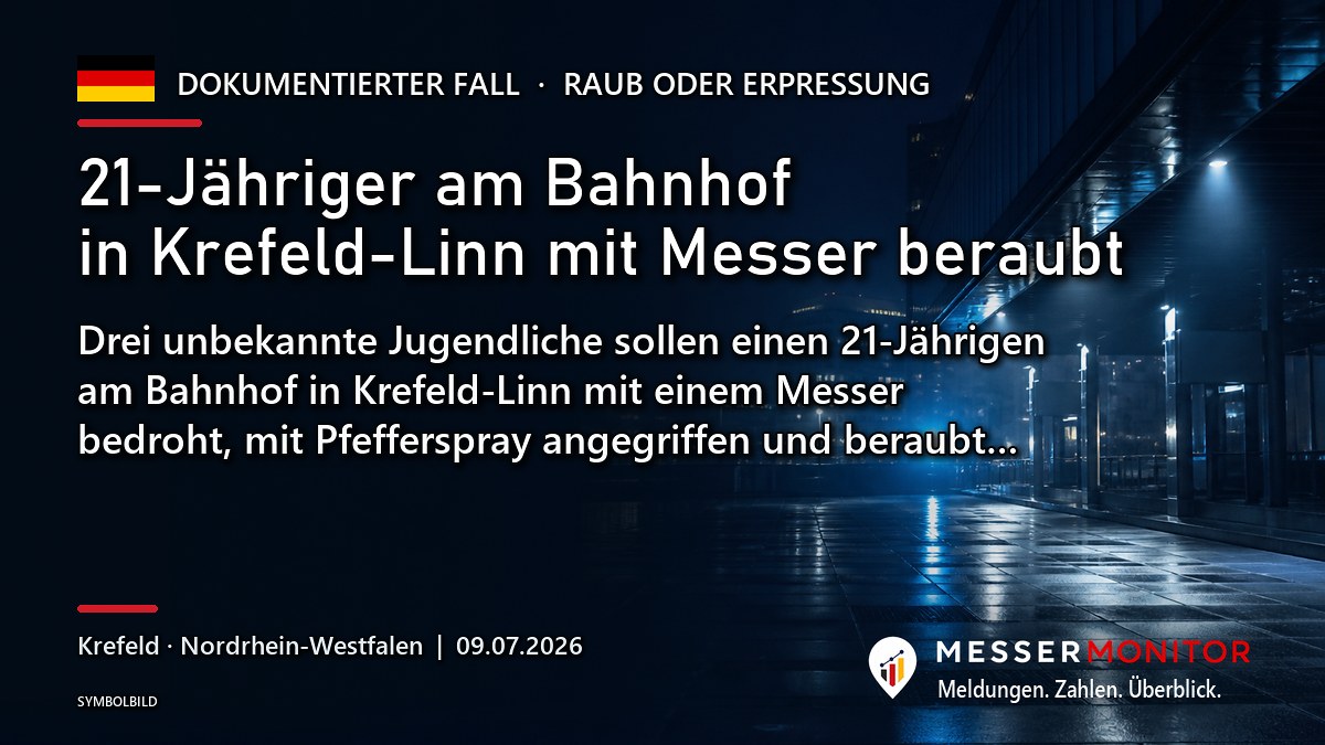 Titelgrafik: 21-Jähriger am Bahnhof in Krefeld-Linn mit Messer beraubt. Drei unbekannte Jugendliche sollen einen 21-Jährigen am Bahnhof in Krefeld-Linn mit einem Messer bedroht, mit Pfefferspray angegriffen und beraubt….