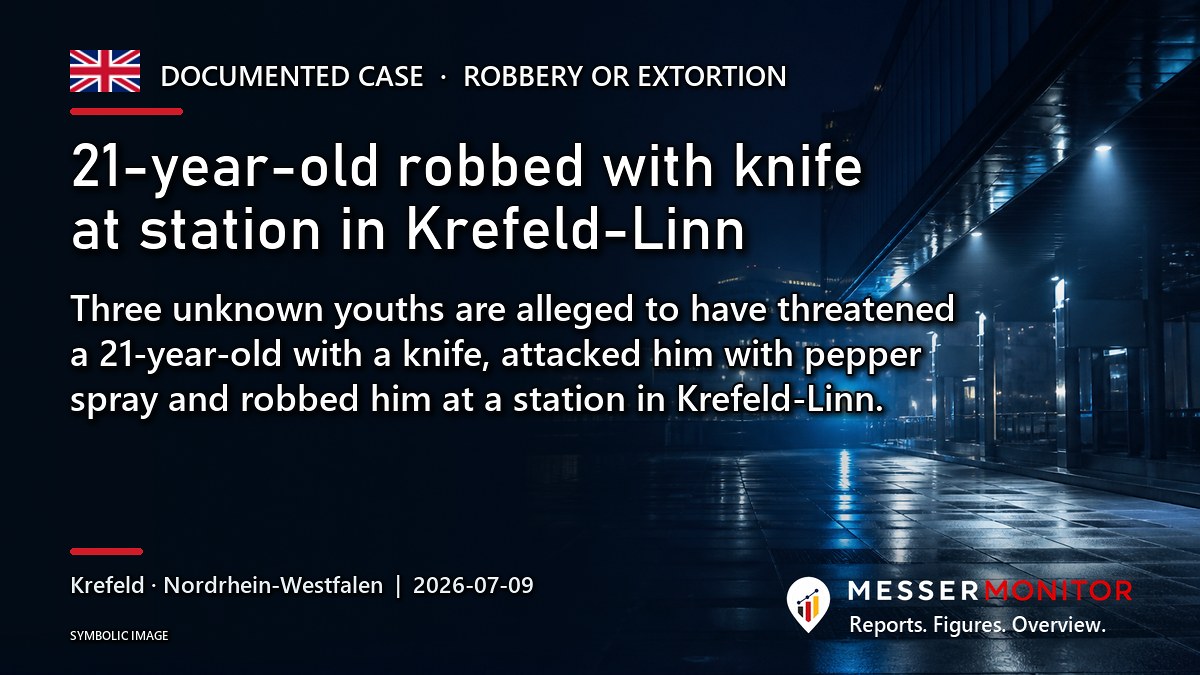 Title image: 21-year-old robbed with knife at station in Krefeld-Linn. Three unknown youths are alleged to have threatened a 21-year-old with a knife, attacked him with pepper spray and robbed him at a station in Krefeld-Linn..