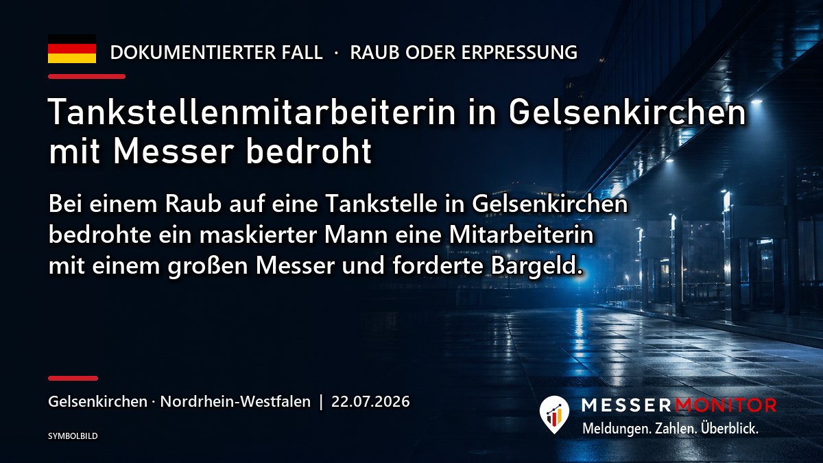 Titelgrafik: Tankstellenmitarbeiterin in Gelsenkirchen mit Messer bedroht. Bei einem Raub auf eine Tankstelle in Gelsenkirchen bedrohte ein maskierter Mann eine Mitarbeiterin mit einem großen Messer und forderte Bargeld..