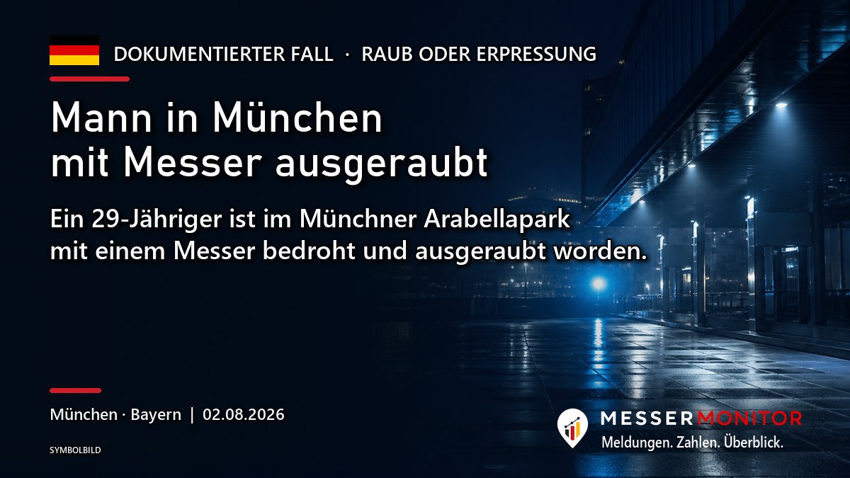 Titelgrafik: Mann in München mit Messer ausgeraubt. Ein 29-Jähriger ist im Münchner Arabellapark mit einem Messer bedroht und ausgeraubt worden..