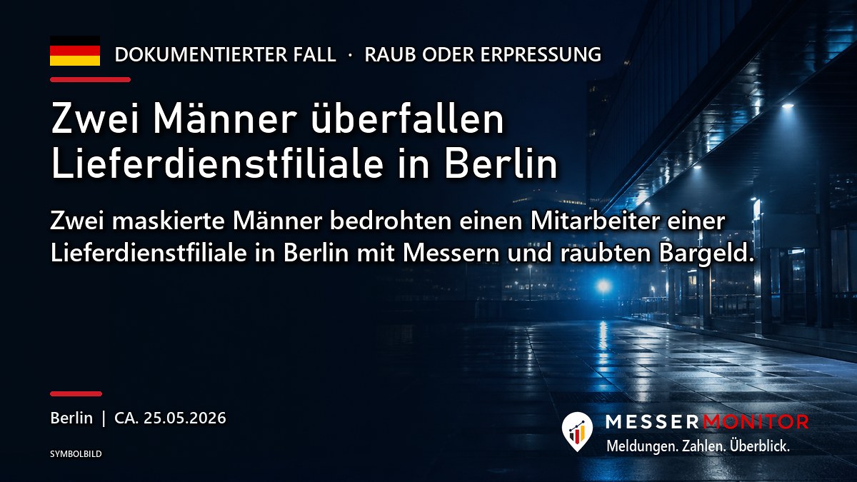 Titelgrafik: Zwei Männer überfallen Lieferdienstfiliale in Berlin. Zwei maskierte Männer bedrohten einen Mitarbeiter einer Lieferdienstfiliale in Berlin mit Messern und raubten Bargeld..