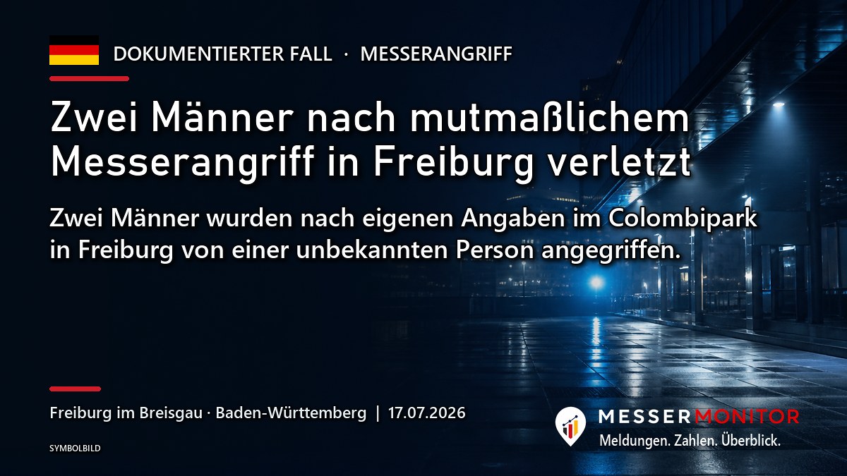 Titelgrafik: Zwei Männer nach mutmaßlichem Messerangriff in Freiburg verletzt. Zwei Männer wurden nach eigenen Angaben im Colombipark in Freiburg von einer unbekannten Person angegriffen..