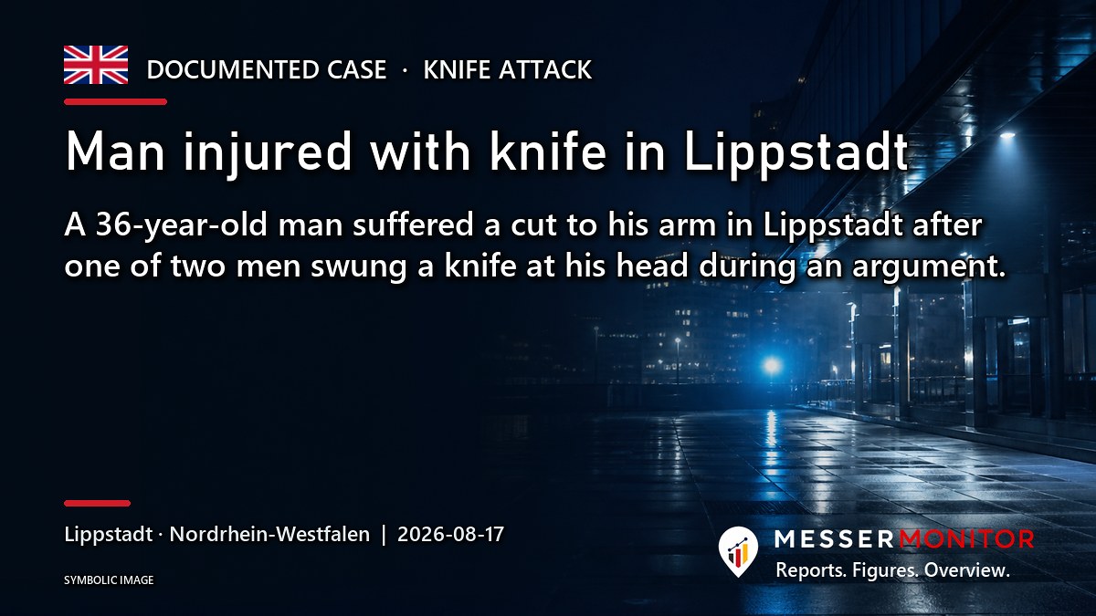 Title image: Man injured with knife in Lippstadt. A 36-year-old man suffered a cut to his arm in Lippstadt after one of two men swung a knife at his head during an argument..