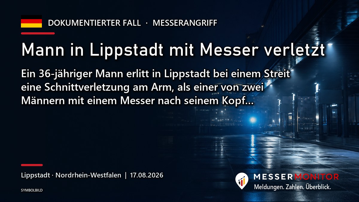 Titelgrafik: Mann in Lippstadt mit Messer verletzt. Ein 36-jähriger Mann erlitt in Lippstadt bei einem Streit eine Schnittverletzung am Arm, als einer von zwei Männern mit einem Messer nach seinem Kopf….