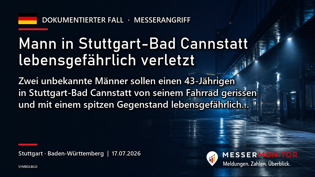 Titelgrafik: Mann in Stuttgart-Bad Cannstatt lebensgefährlich verletzt. Zwei unbekannte Männer sollen einen 43-Jährigen in Stuttgart-Bad Cannstatt von seinem Fahrrad gerissen und mit einem spitzen Gegenstand lebensgefährlich….