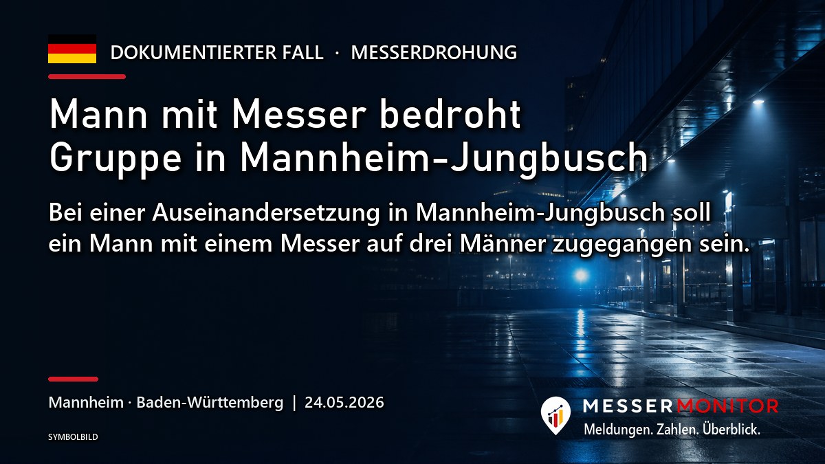 Titelgrafik: Mann mit Messer bedroht Gruppe in Mannheim-Jungbusch. Bei einer Auseinandersetzung in Mannheim-Jungbusch soll ein Mann mit einem Messer auf drei Männer zugegangen sein..