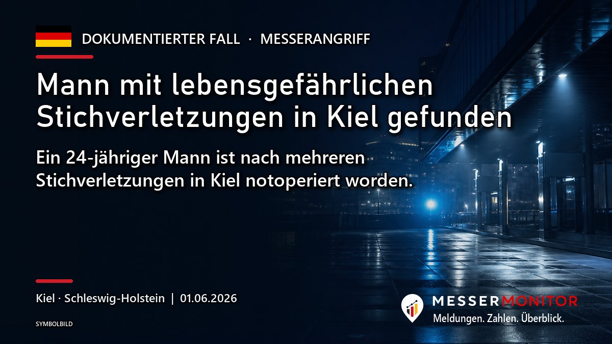 Titelgrafik: Mann mit lebensgefährlichen Stichverletzungen in Kiel gefunden. Ein 24-jähriger Mann ist nach mehreren Stichverletzungen in Kiel notoperiert worden..