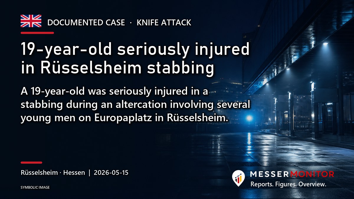 Title image: 19-year-old seriously injured in Rüsselsheim stabbing. A 19-year-old was seriously injured in a stabbing during an altercation involving several young men on Europaplatz in Rüsselsheim..