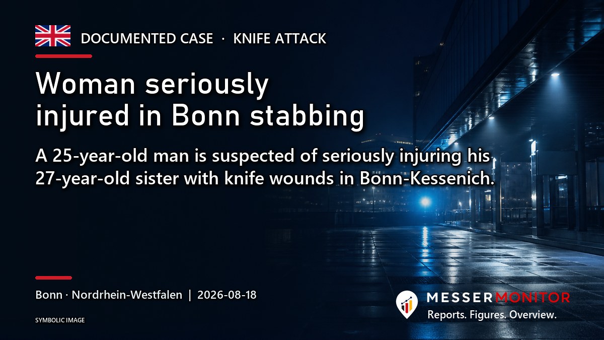 Title image: Woman seriously injured in Bonn stabbing. A 25-year-old man is suspected of seriously injuring his 27-year-old sister with knife wounds in Bonn-Kessenich..