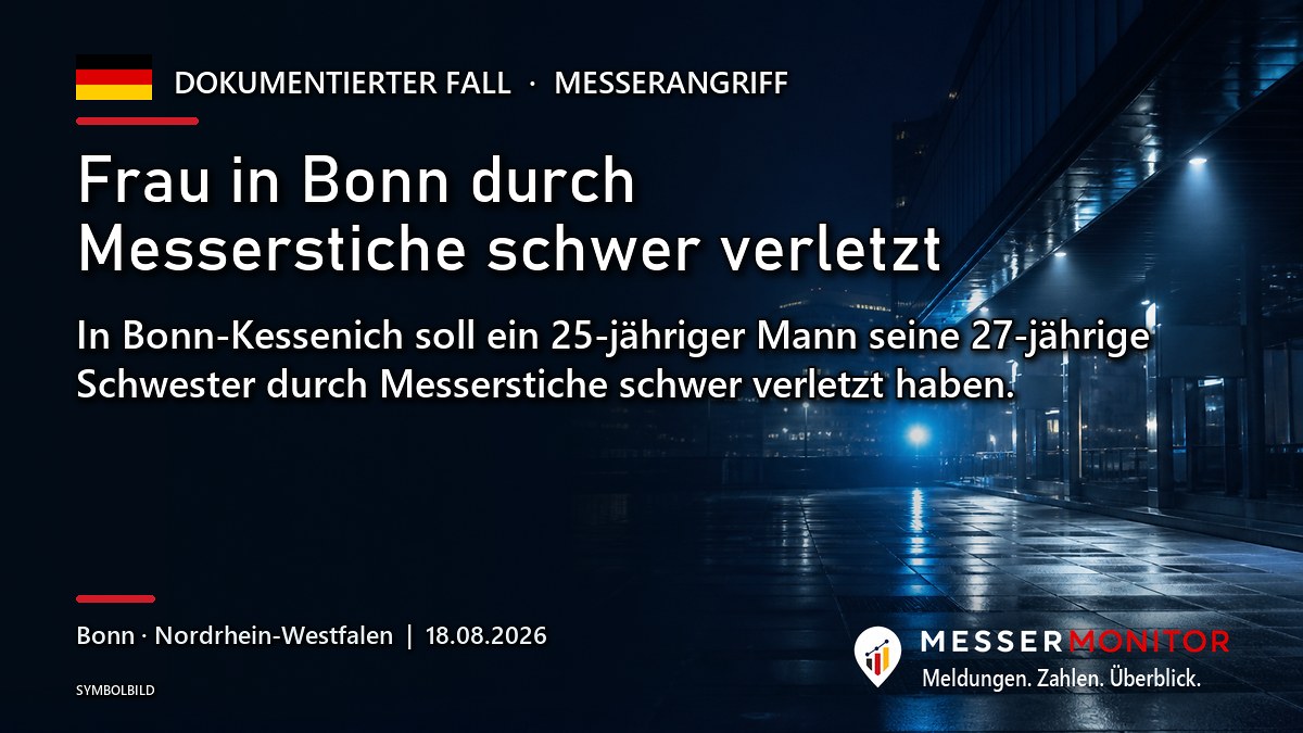 Titelgrafik: Frau in Bonn durch Messerstiche schwer verletzt. In Bonn-Kessenich soll ein 25-jähriger Mann seine 27-jährige Schwester durch Messerstiche schwer verletzt haben..