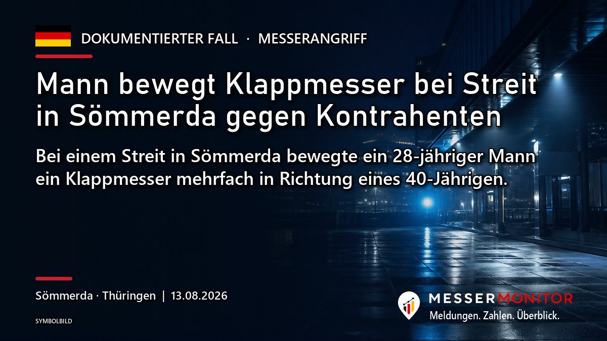 Titelgrafik: Mann bewegt Klappmesser bei Streit in Sömmerda gegen Kontrahenten. Bei einem Streit in Sömmerda bewegte ein 28-jähriger Mann ein Klappmesser mehrfach in Richtung eines 40-Jährigen..