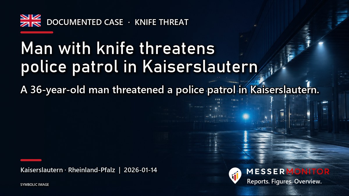 Title image: Man with knife threatens police patrol in Kaiserslautern. A 36-year-old man threatened a police patrol in Kaiserslautern..