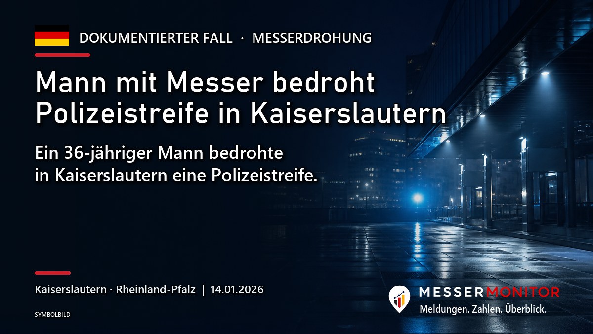 Titelgrafik: Mann mit Messer bedroht Polizeistreife in Kaiserslautern. Ein 36-jähriger Mann bedrohte in Kaiserslautern eine Polizeistreife..