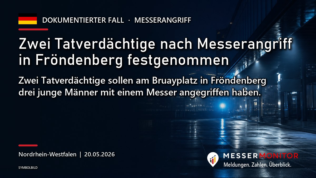 Titelgrafik: Zwei Tatverdächtige nach Messerangriff in Fröndenberg festgenommen. Zwei Tatverdächtige sollen am Bruayplatz in Fröndenberg drei junge Männer mit einem Messer angegriffen haben..
