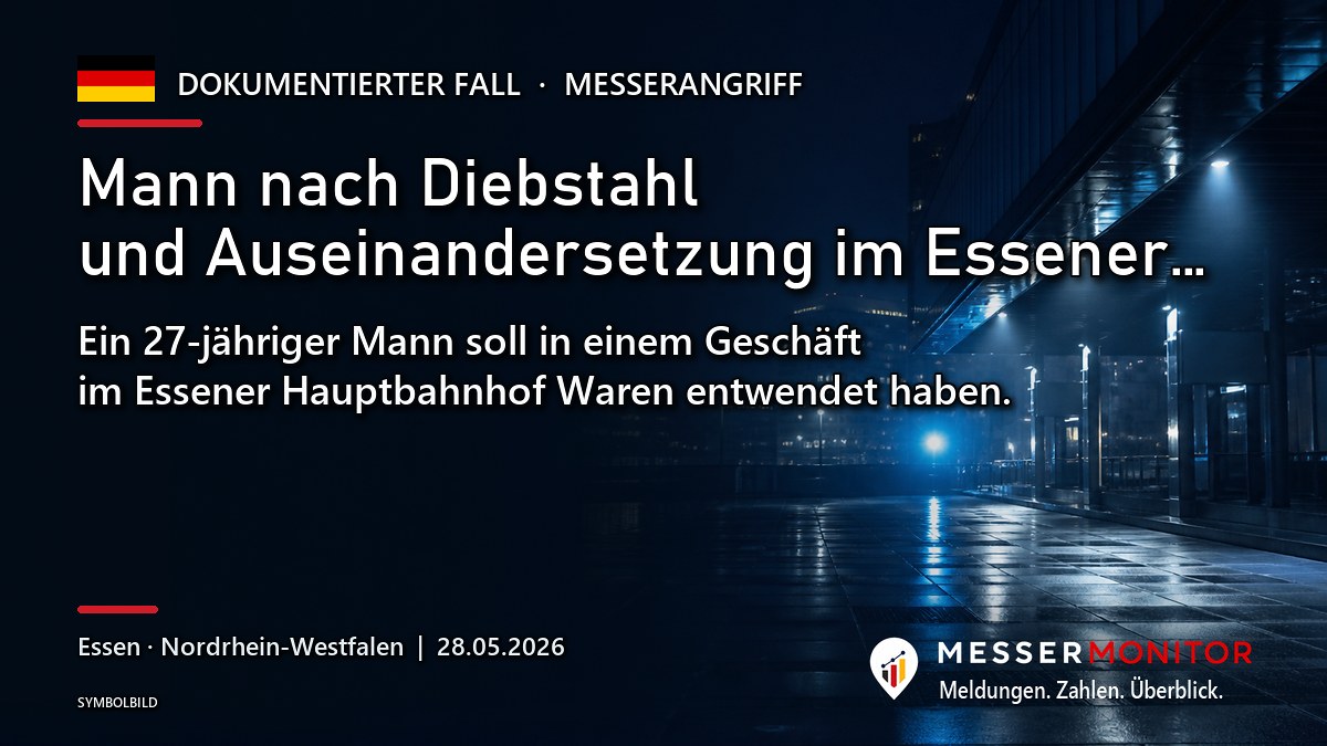 Titelgrafik: Mann nach Diebstahl und Auseinandersetzung im Essener…. Ein 27-jähriger Mann soll in einem Geschäft im Essener Hauptbahnhof Waren entwendet haben..
