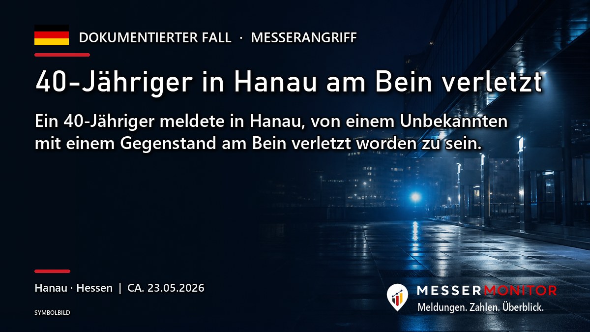 Titelgrafik: 40-Jähriger in Hanau am Bein verletzt. Ein 40-Jähriger meldete in Hanau, von einem Unbekannten mit einem Gegenstand am Bein verletzt worden zu sein..