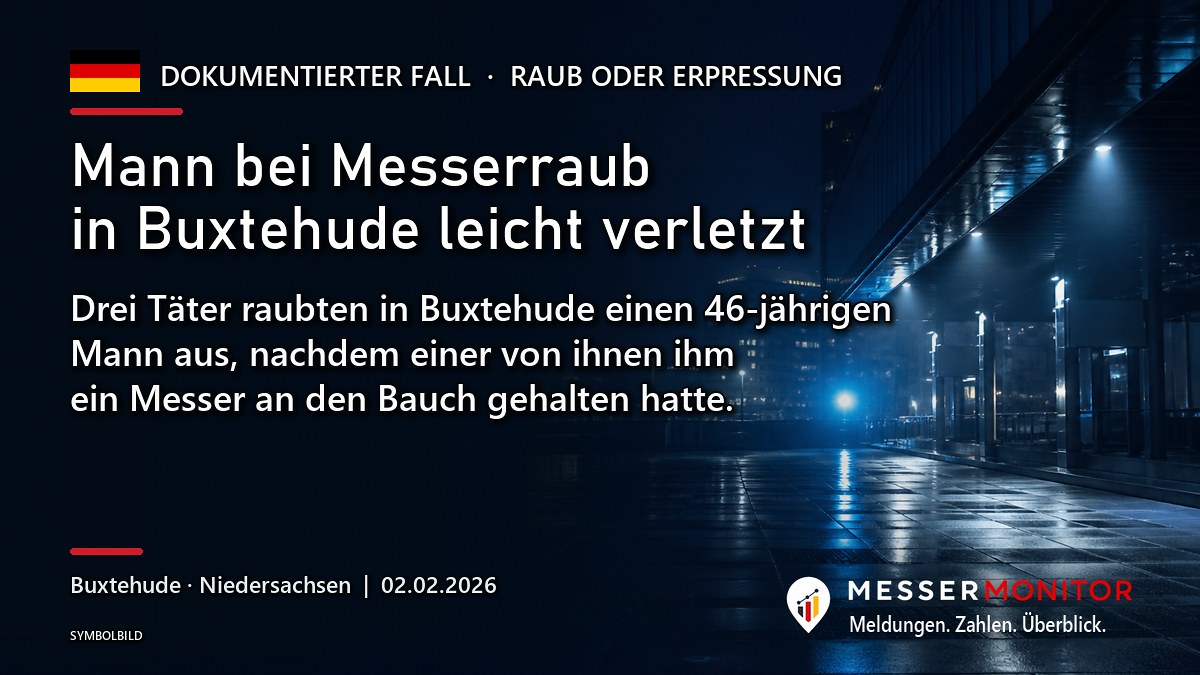 Titelgrafik: Mann bei Messerraub in Buxtehude leicht verletzt. Drei Täter raubten in Buxtehude einen 46-jährigen Mann aus, nachdem einer von ihnen ihm ein Messer an den Bauch gehalten hatte..