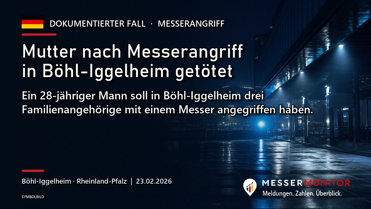 Titelgrafik: Mutter nach Messerangriff in Böhl-Iggelheim getötet. Ein 28-jähriger Mann soll in Böhl-Iggelheim drei Familienangehörige mit einem Messer angegriffen haben..