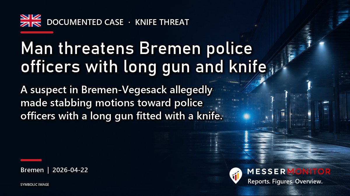 Title image: Man threatens Bremen police officers with long gun and knife. A suspect in Bremen-Vegesack allegedly made stabbing motions toward police officers with a long gun fitted with a knife..