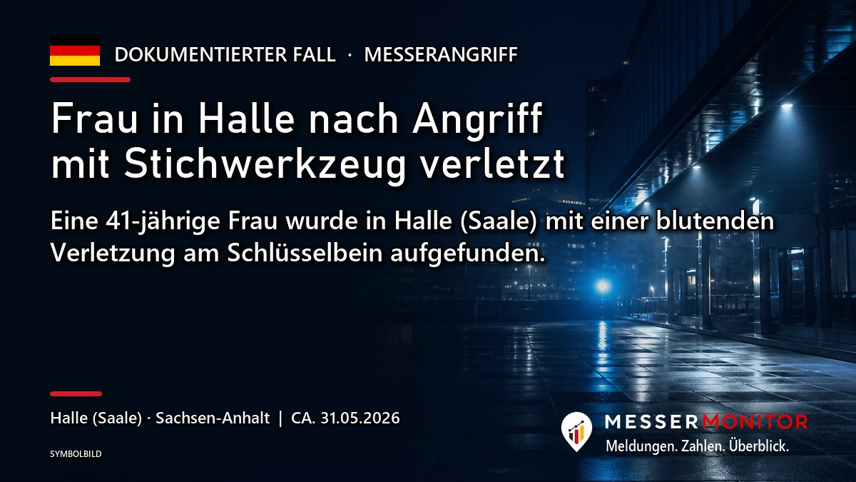Titelgrafik: Frau in Halle nach Angriff mit Stichwerkzeug verletzt. Eine 41-jährige Frau wurde in Halle (Saale) mit einer blutenden Verletzung am Schlüsselbein aufgefunden..