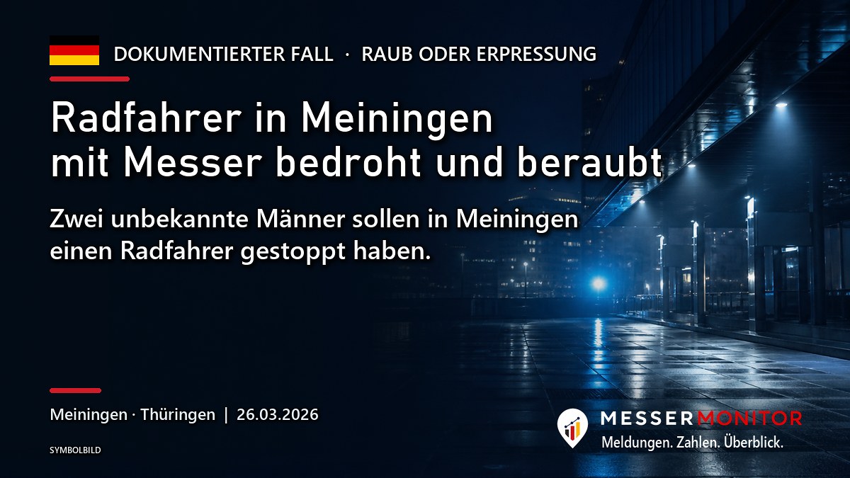 Titelgrafik: Radfahrer in Meiningen mit Messer bedroht und beraubt. Zwei unbekannte Männer sollen in Meiningen einen Radfahrer gestoppt haben..
