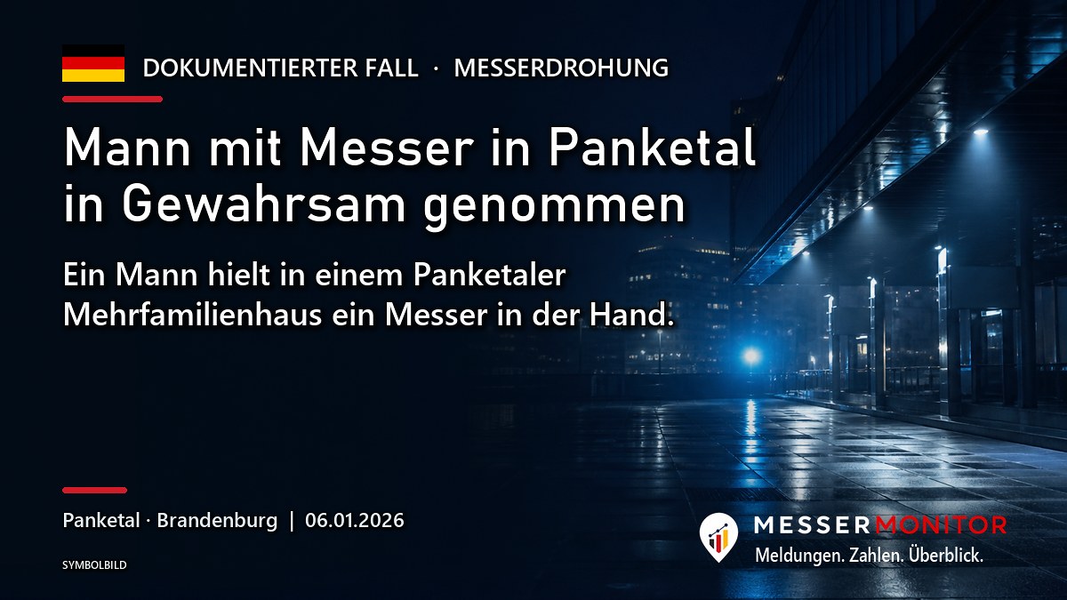 Titelgrafik: Mann mit Messer in Panketal in Gewahrsam genommen. Ein Mann hielt in einem Panketaler Mehrfamilienhaus ein Messer in der Hand..