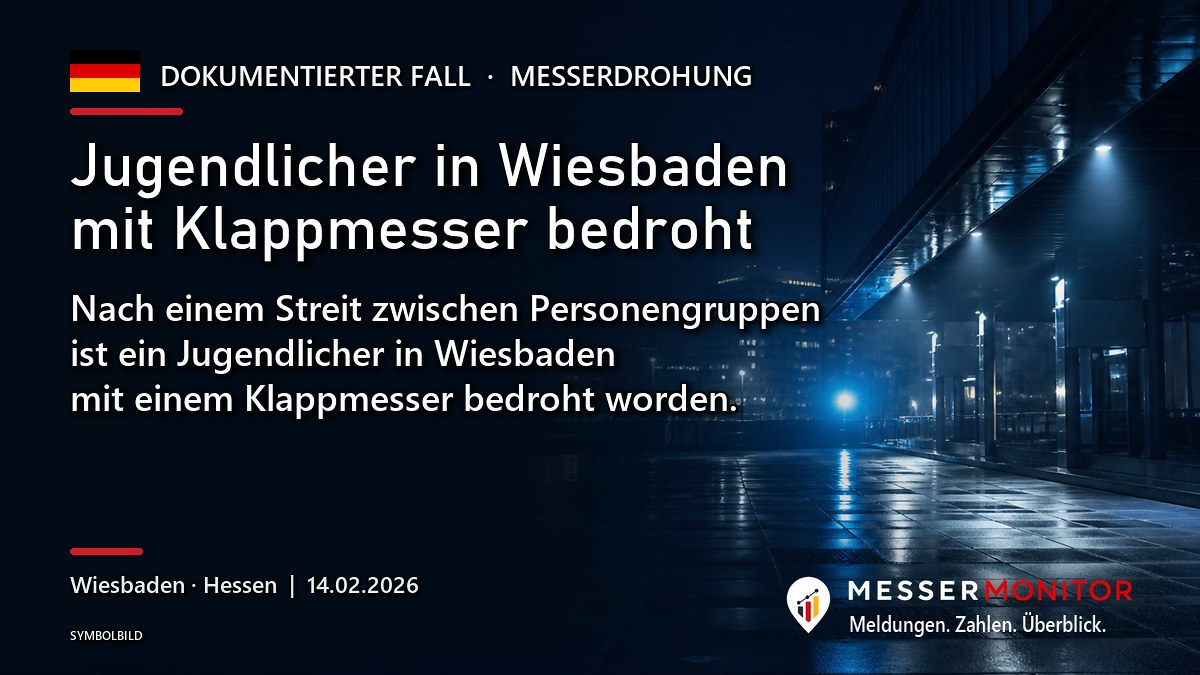 Titelgrafik: Jugendlicher in Wiesbaden mit Klappmesser bedroht. Nach einem Streit zwischen Personengruppen ist ein Jugendlicher in Wiesbaden mit einem Klappmesser bedroht worden..
