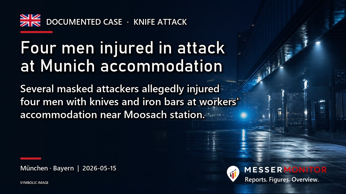 Title image: Four men injured in attack at Munich accommodation. Several masked attackers allegedly injured four men with knives and iron bars at workers' accommodation near Moosach station..