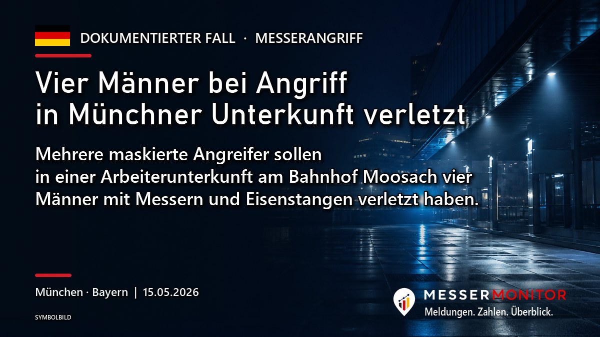 Titelgrafik: Vier Männer bei Angriff in Münchner Unterkunft verletzt. Mehrere maskierte Angreifer sollen in einer Arbeiterunterkunft am Bahnhof Moosach vier Männer mit Messern und Eisenstangen verletzt haben..