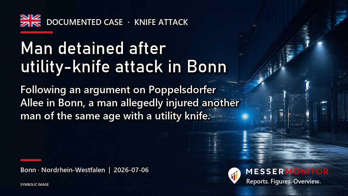 Title image: Man detained after utility-knife attack in Bonn. Following an argument on Poppelsdorfer Allee in Bonn, a man allegedly injured another man of the same age with a utility knife..