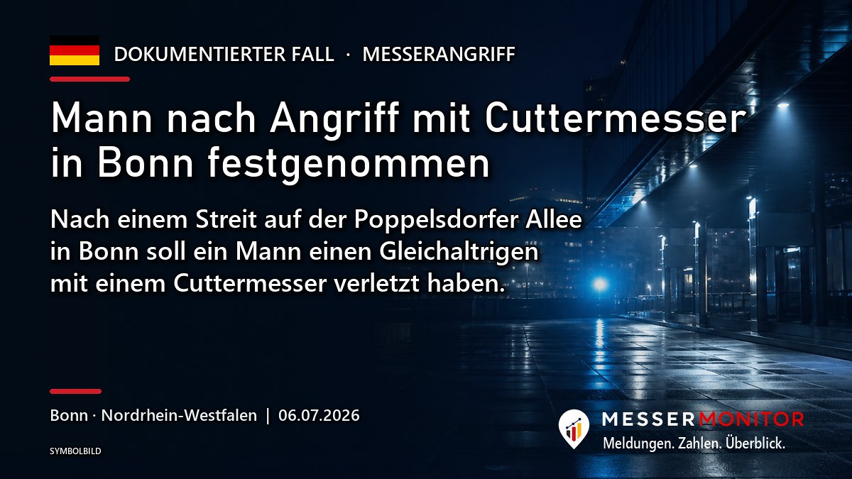 Titelgrafik: Mann nach Angriff mit Cuttermesser in Bonn festgenommen. Nach einem Streit auf der Poppelsdorfer Allee in Bonn soll ein Mann einen Gleichaltrigen mit einem Cuttermesser verletzt haben..