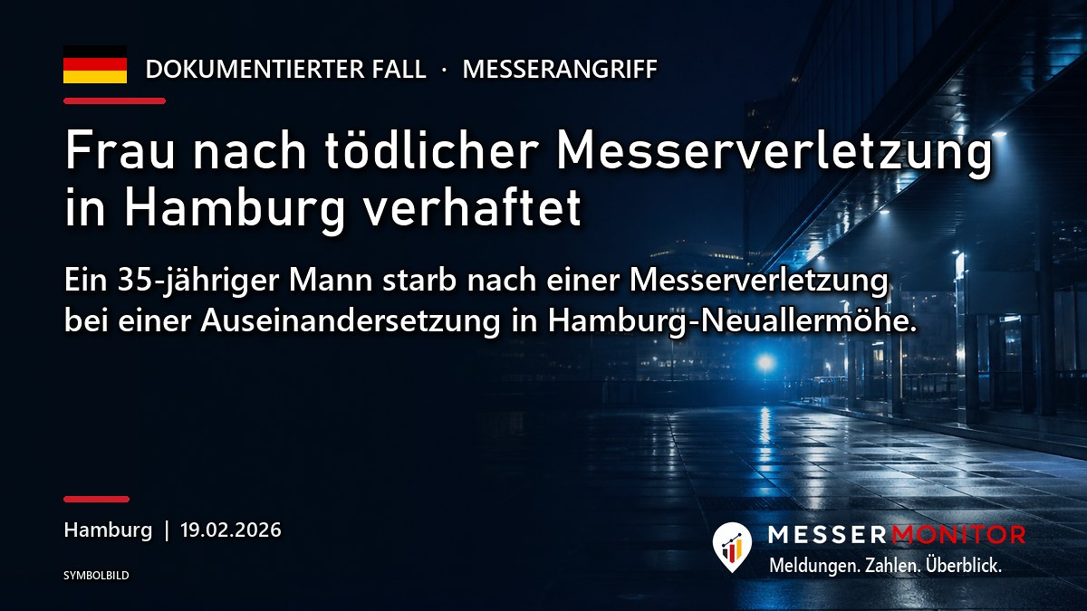 Titelgrafik: Frau nach tödlicher Messerverletzung in Hamburg verhaftet. Ein 35-jähriger Mann starb nach einer Messerverletzung bei einer Auseinandersetzung in Hamburg-Neuallermöhe..