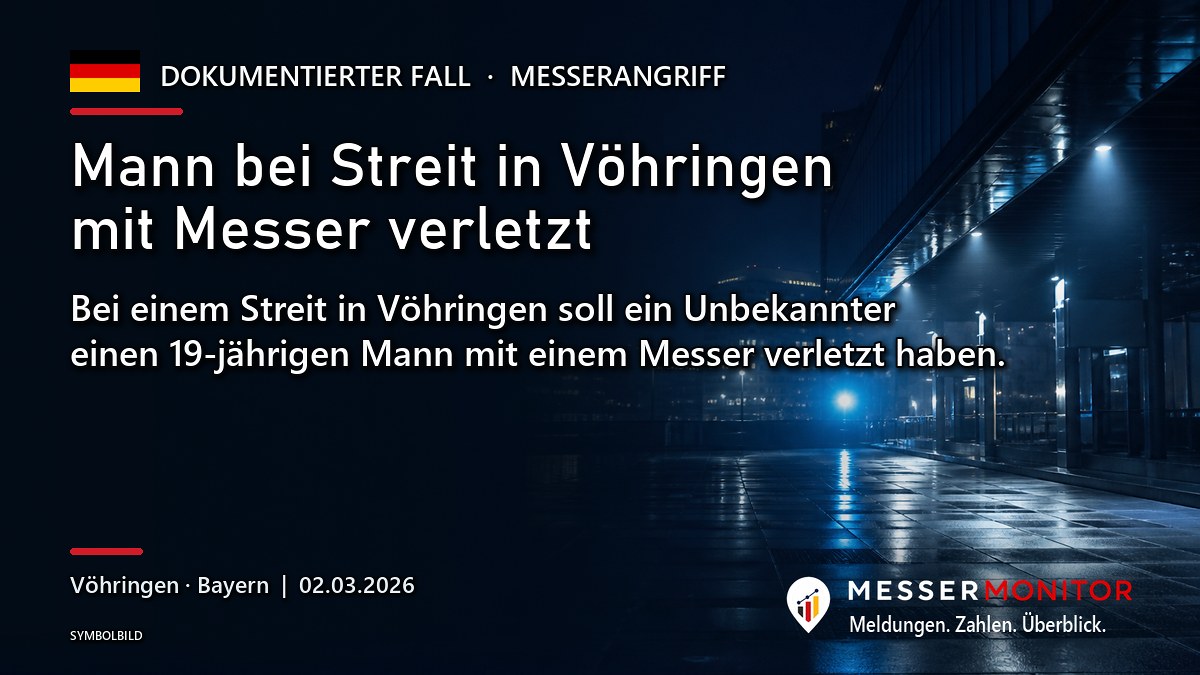 Titelgrafik: Mann bei Streit in Vöhringen mit Messer verletzt. Bei einem Streit in Vöhringen soll ein Unbekannter einen 19-jährigen Mann mit einem Messer verletzt haben..