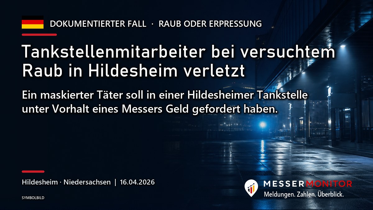 Titelgrafik: Tankstellenmitarbeiter bei versuchtem Raub in Hildesheim verletzt. Ein maskierter Täter soll in einer Hildesheimer Tankstelle unter Vorhalt eines Messers Geld gefordert haben..