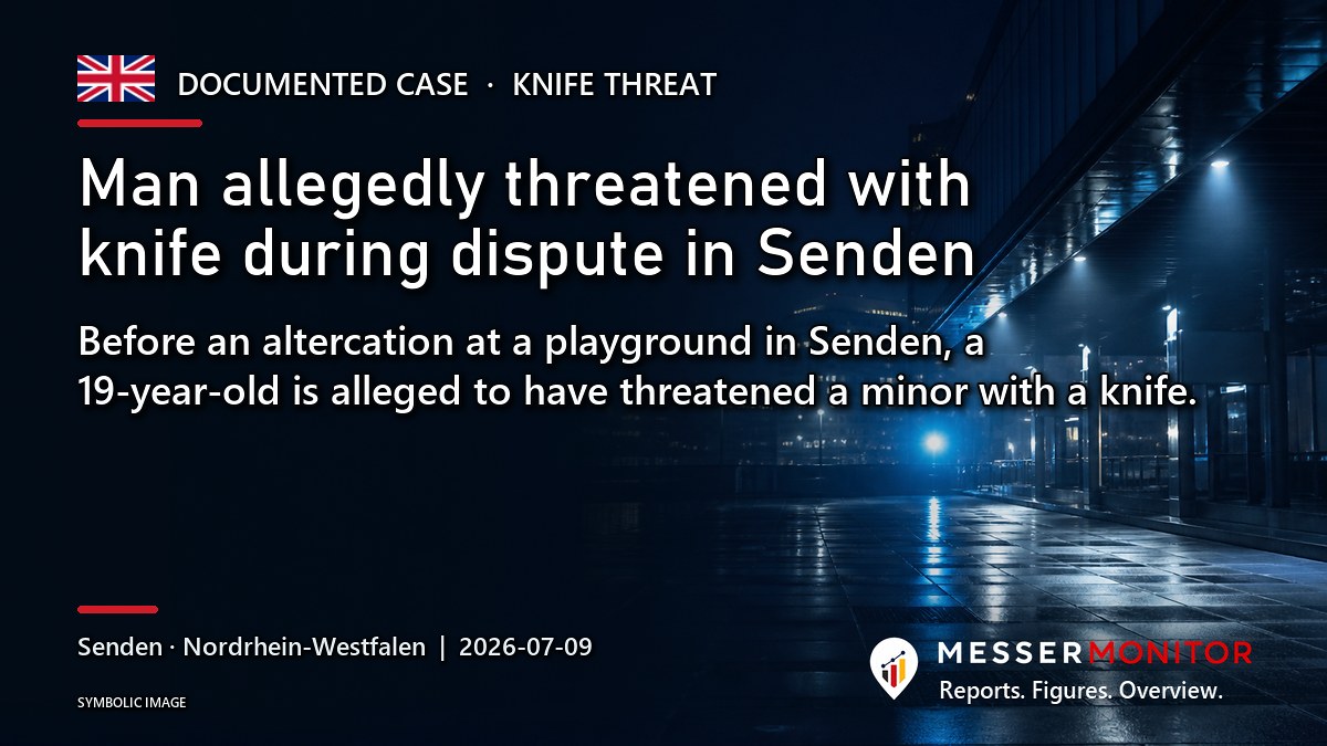 Title image: Man allegedly threatened with knife during dispute in Senden. Before an altercation at a playground in Senden, a 19-year-old is alleged to have threatened a minor with a knife..