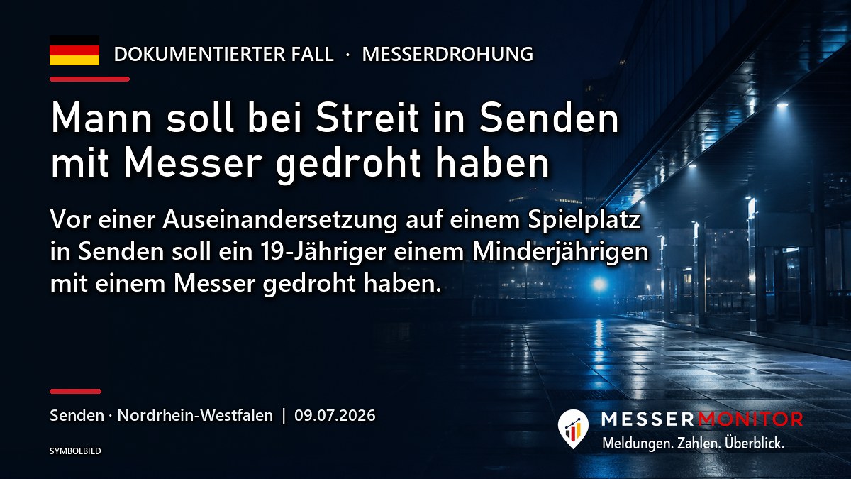 Titelgrafik: Mann soll bei Streit in Senden mit Messer gedroht haben. Vor einer Auseinandersetzung auf einem Spielplatz in Senden soll ein 19-Jähriger einem Minderjährigen mit einem Messer gedroht haben..
