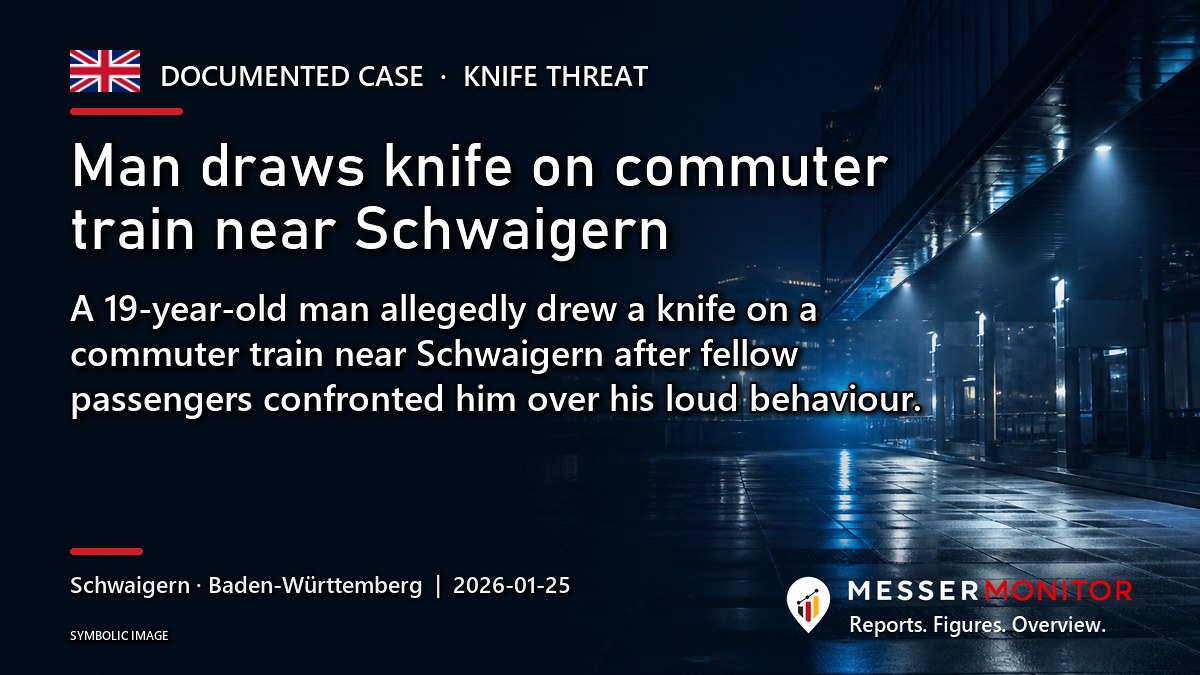 Title image: Man draws knife on commuter train near Schwaigern. A 19-year-old man allegedly drew a knife on a commuter train near Schwaigern after fellow passengers confronted him over his loud behaviour..