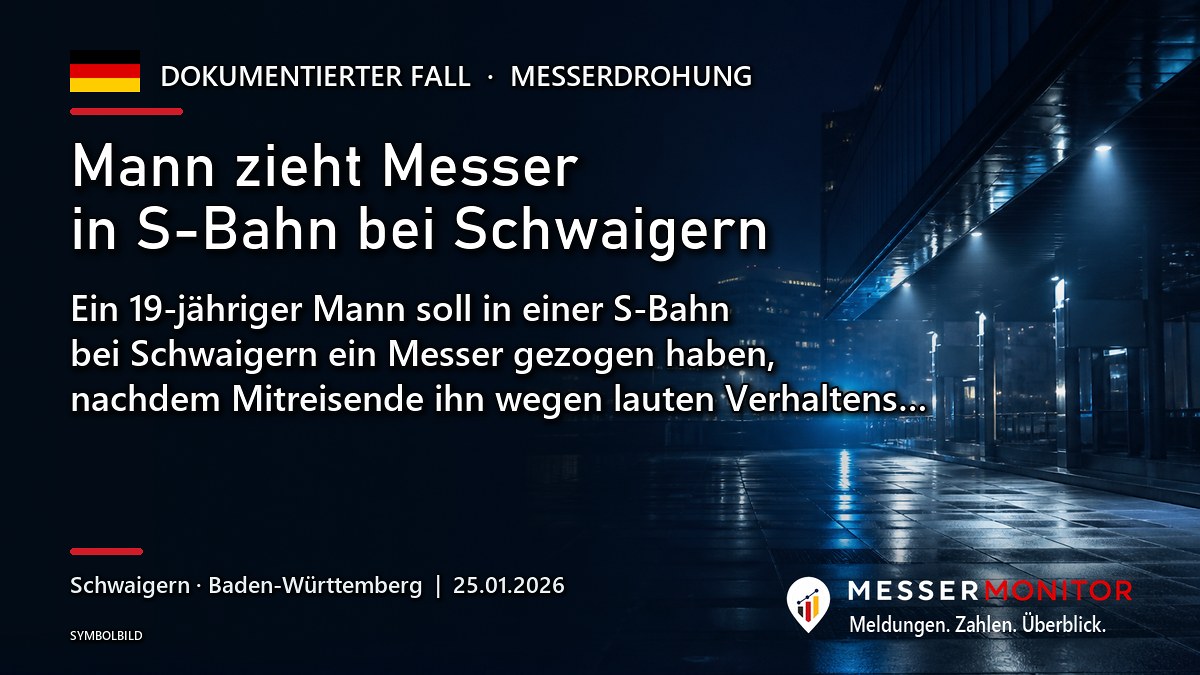 Titelgrafik: Mann zieht Messer in S-Bahn bei Schwaigern. Ein 19-jähriger Mann soll in einer S-Bahn bei Schwaigern ein Messer gezogen haben, nachdem Mitreisende ihn wegen lauten Verhaltens….