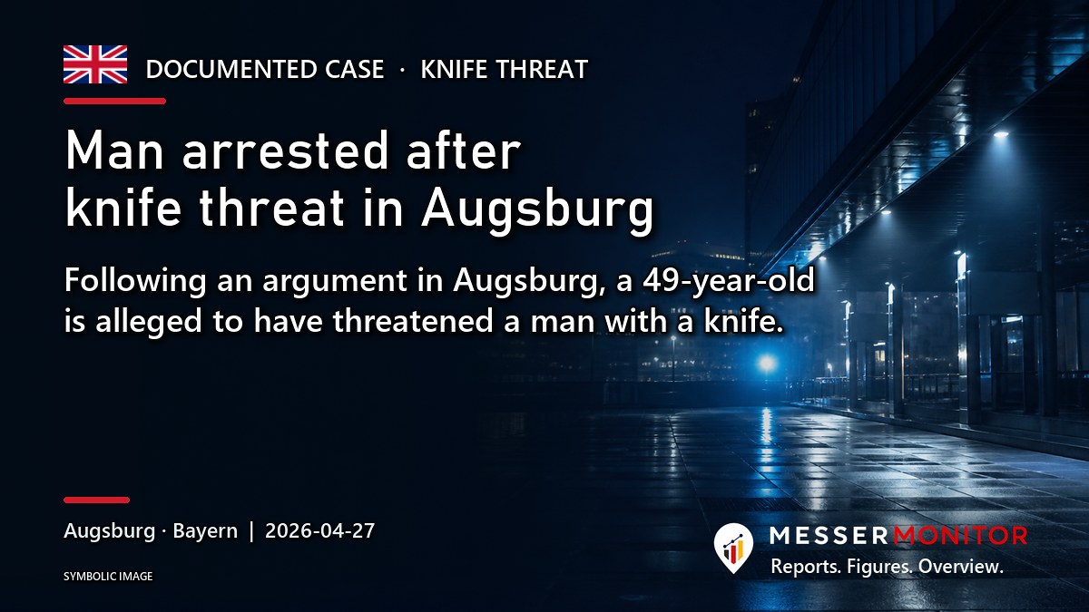 Title image: Man arrested after knife threat in Augsburg. Following an argument in Augsburg, a 49-year-old is alleged to have threatened a man with a knife..
