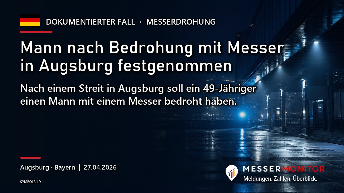 Titelgrafik: Mann nach Bedrohung mit Messer in Augsburg festgenommen. Nach einem Streit in Augsburg soll ein 49-Jähriger einen Mann mit einem Messer bedroht haben..
