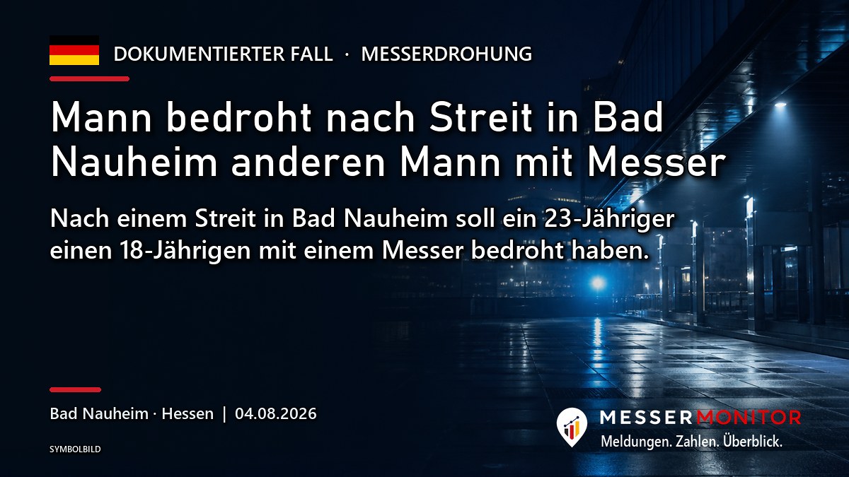 Titelgrafik: Mann bedroht nach Streit in Bad Nauheim anderen Mann mit Messer. Nach einem Streit in Bad Nauheim soll ein 23-Jähriger einen 18-Jährigen mit einem Messer bedroht haben..