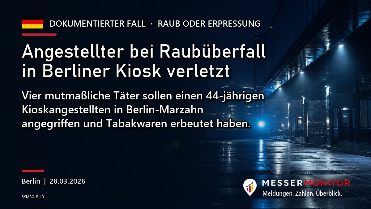 Titelgrafik: Angestellter bei Raubüberfall in Berliner Kiosk verletzt. Vier mutmaßliche Täter sollen einen 44-jährigen Kioskangestellten in Berlin-Marzahn angegriffen und Tabakwaren erbeutet haben..