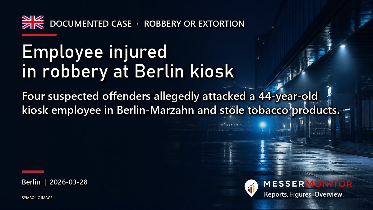 Title image: Employee injured in robbery at Berlin kiosk. Four suspected offenders allegedly attacked a 44-year-old kiosk employee in Berlin-Marzahn and stole tobacco products..