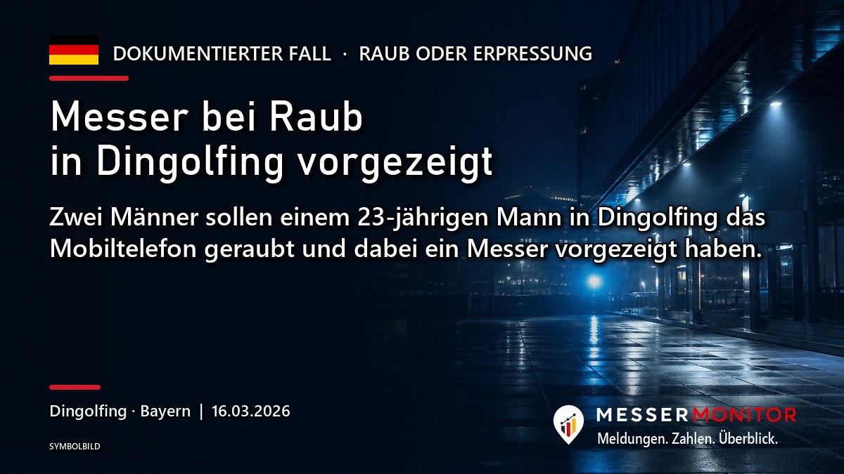 Titelgrafik: Messer bei Raub in Dingolfing vorgezeigt. Zwei Männer sollen einem 23-jährigen Mann in Dingolfing das Mobiltelefon geraubt und dabei ein Messer vorgezeigt haben..