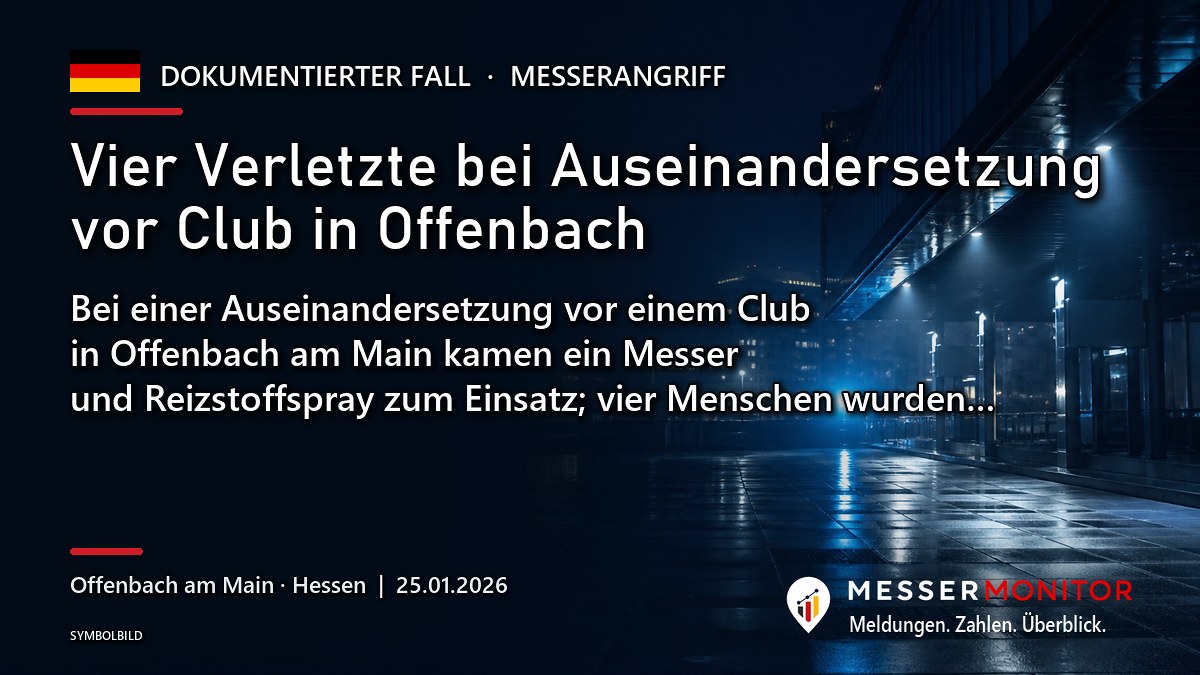 Titelgrafik: Vier Verletzte bei Auseinandersetzung vor Club in Offenbach. Bei einer Auseinandersetzung vor einem Club in Offenbach am Main kamen ein Messer und Reizstoffspray zum Einsatz; vier Menschen wurden….