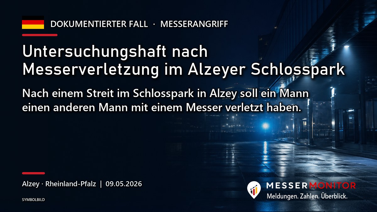 Titelgrafik: Untersuchungshaft nach Messerverletzung im Alzeyer Schlosspark. Nach einem Streit im Schlosspark in Alzey soll ein Mann einen anderen Mann mit einem Messer verletzt haben..