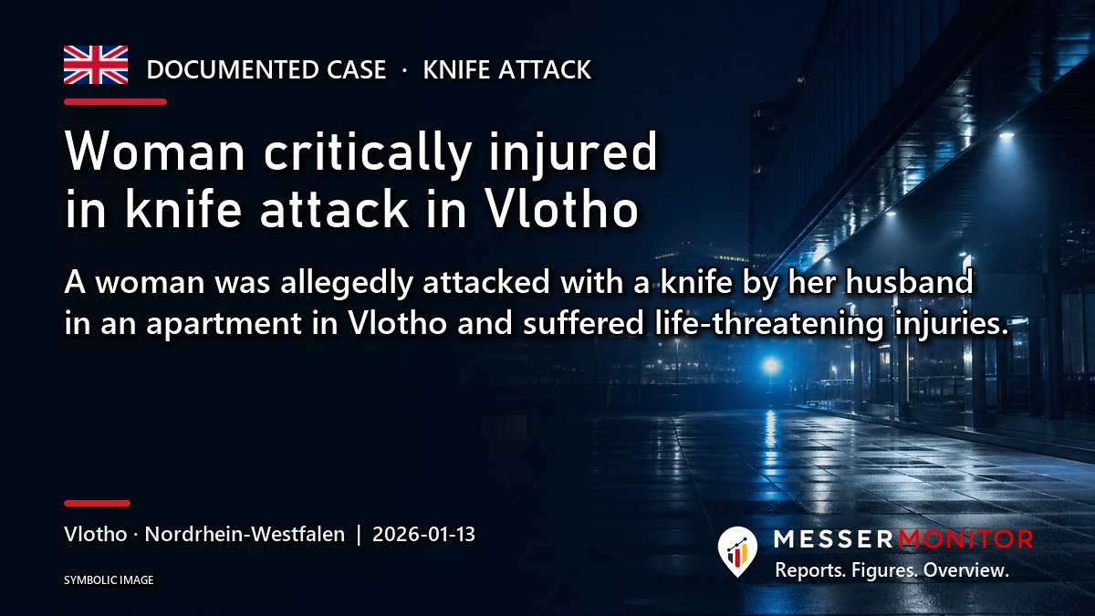 Title image: Woman critically injured in knife attack in Vlotho. A woman was allegedly attacked with a knife by her husband in an apartment in Vlotho and suffered life-threatening injuries..